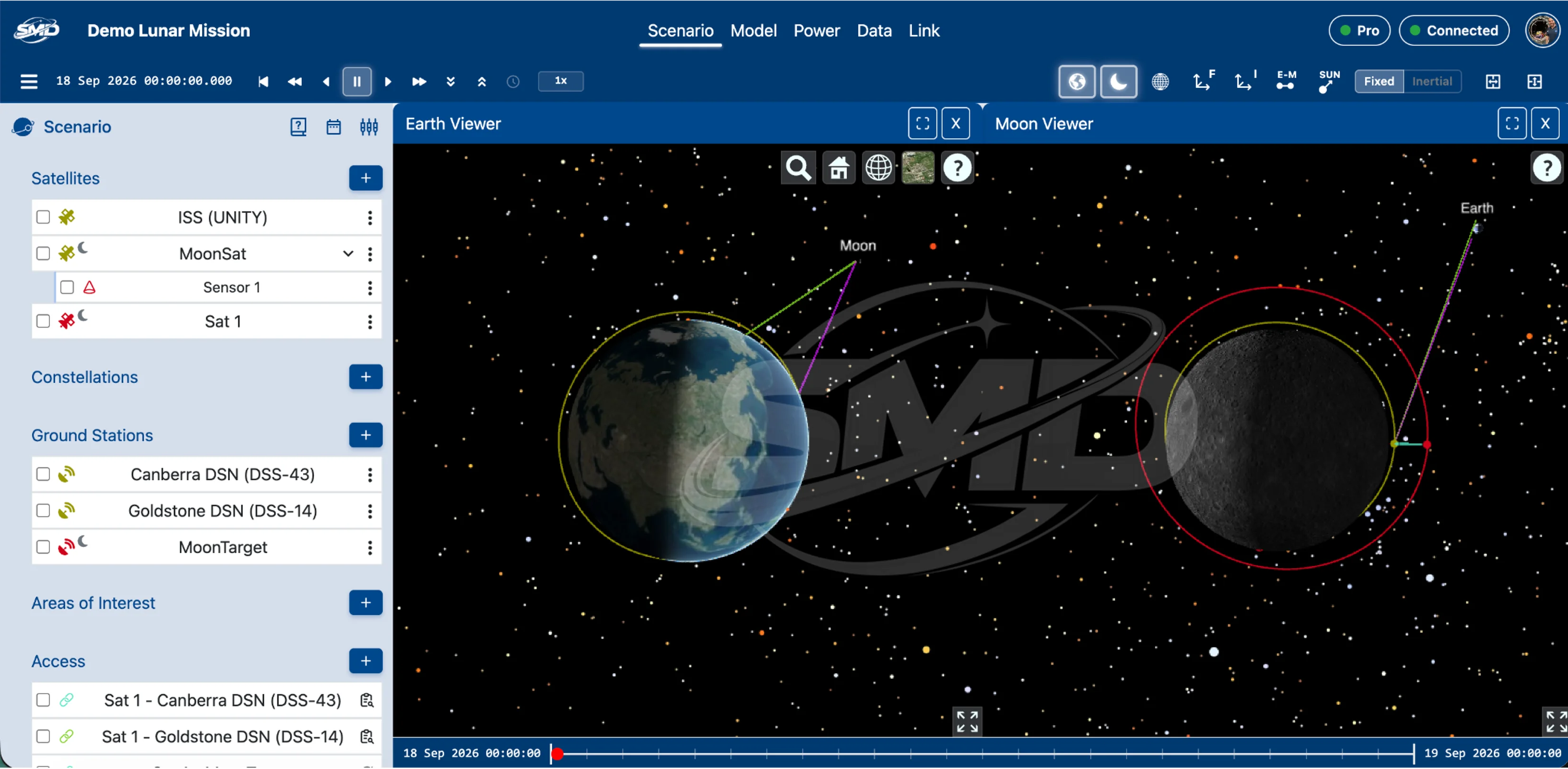 Space Mission Designer scenario workspace showing a 3D globe, satellite orbits, spacecraft, and mission analysis